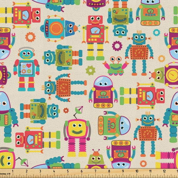 Ambesonne Robot Print Fabric by the Yard Upholstery, Happy Colorful Retro, 5 Yards, Dark Coral and Apple Green
