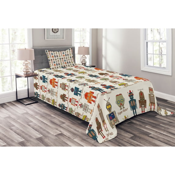 Ambesonne Robot Quilted Bedspread Set 2 Pcs, Super Robot, Twin Size, Multicolor