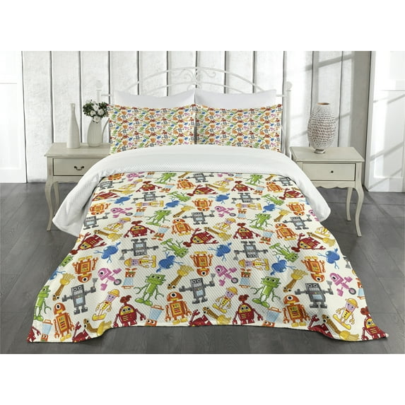 Ambesonne Robot Quilted Bedspread Set 3 Pcs, Boys Cartoon Robot Science, King Size, Multicolor
