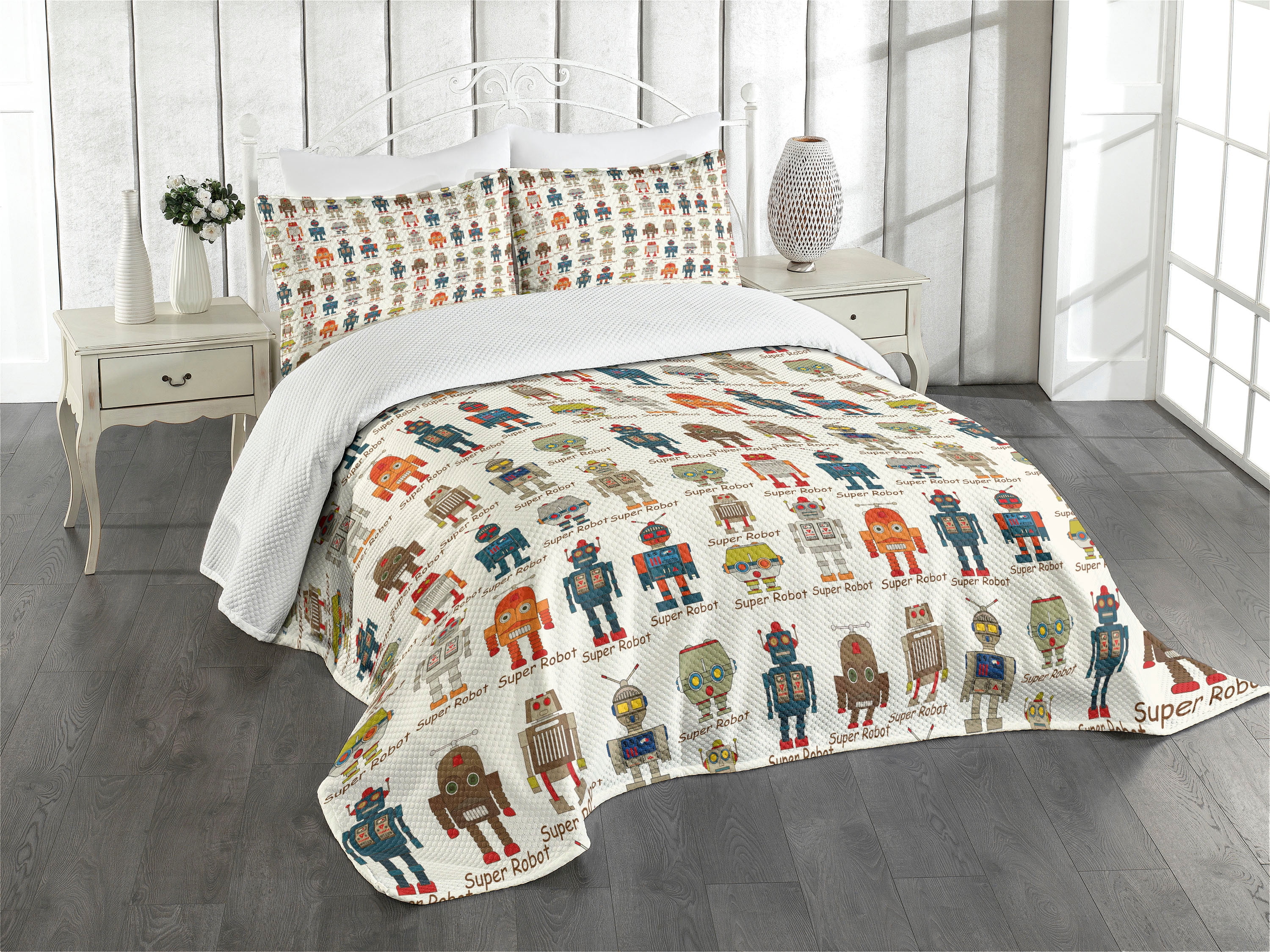 White Quilted Kids Unisex Robot Queen Bedspread Set
