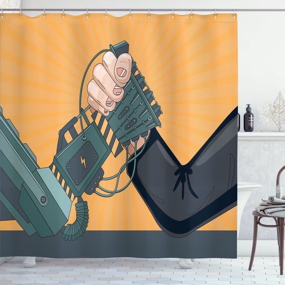 Ambesonne Robot Shower Curtain, Human Cyborg Arm Wrestling, 69"Wx70"L, Pale Orange and Grey Teal