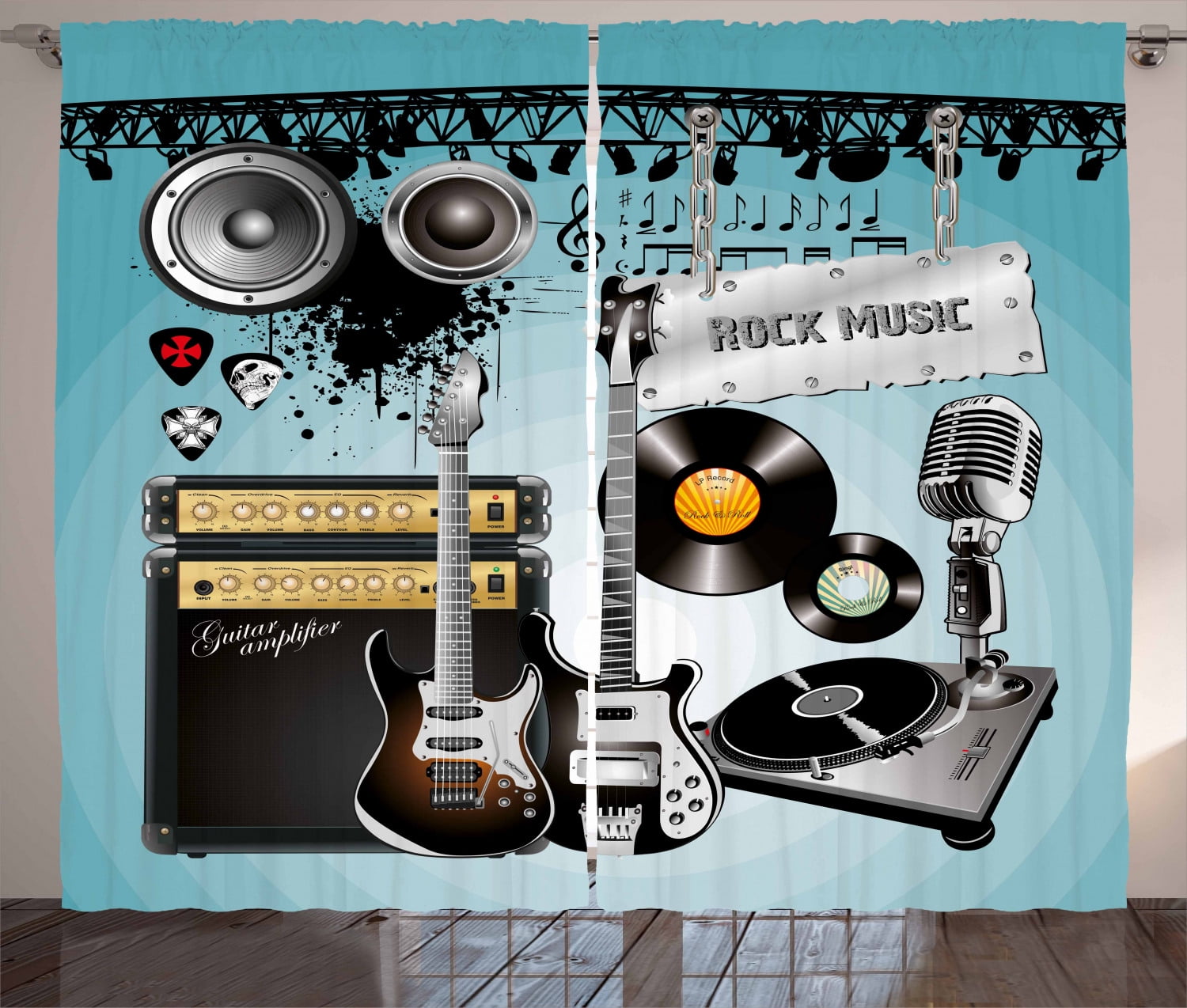 Ambesonne Rock Music Curtains 2 Panel Set, Records Speakers, 108" x 84", Multicolor