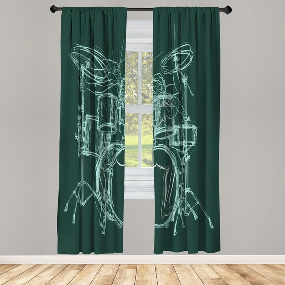 Ambesonne Rock Music Curtains, Sketchy Drummer Artwork, Pair of 28"x63", Jade Green
