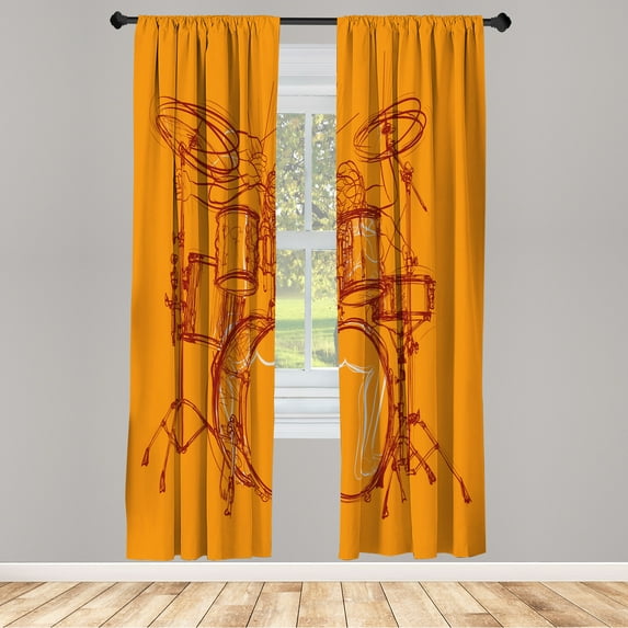 Ambesonne Rock Music Curtains, Sketchy Drummer Artwork, Pair of 28"x84", Marigold Burgundy