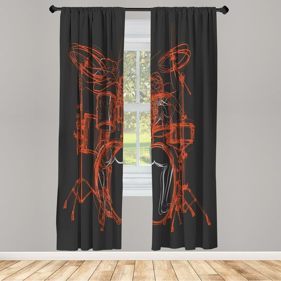 Ambesonne Rock Music Curtains, Sketchy Drummer Artwork, Pair of 28"x84", Vermilion Dimgray
