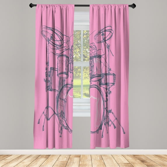 Ambesonne Rock Music Curtains, Sketchy Drummer Artwork, Pair of 28"x95", Pale Pink
