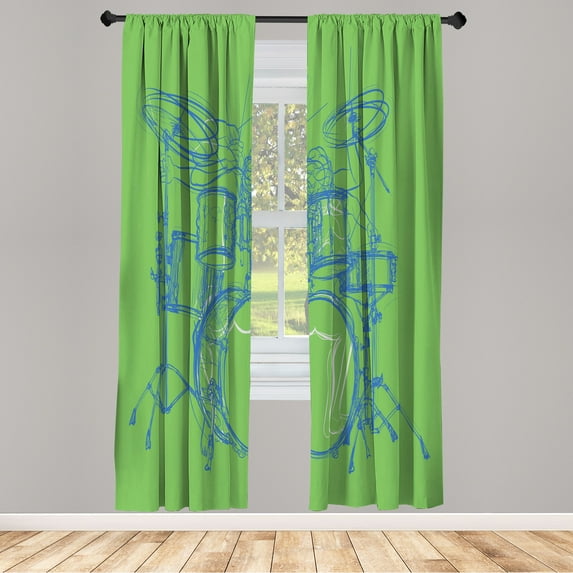 Ambesonne Rock Music Curtains, Sketchy Drummer Print, Pair of 28"x63", Lime Green