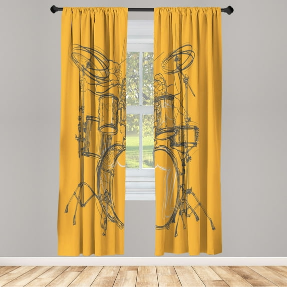 Ambesonne Rock Music Curtains, Sketchy Drummer Print, Pair of 28"x63", Orange Grey