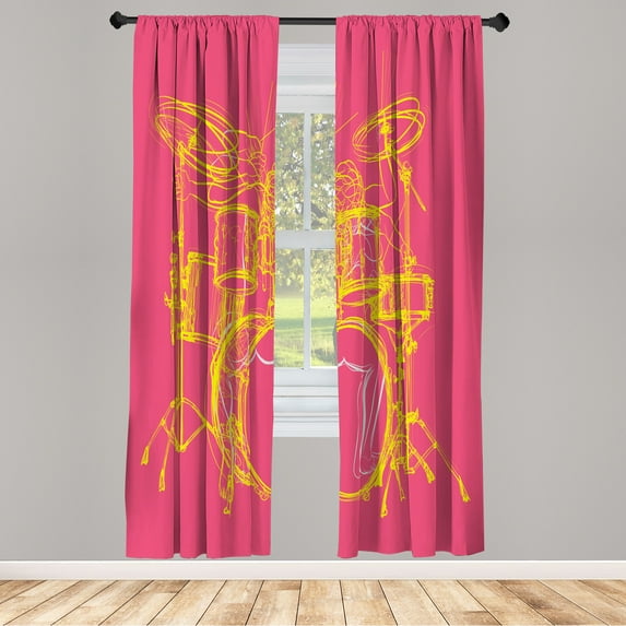 Ambesonne Rock Music Curtains, Sketchy Drummer Print, Pair of 28"x63", Pink Yellow