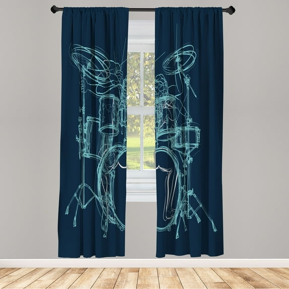 Ambesonne Rock Music Curtains, Sketchy Drummer Print, Pair of 28"x84", Night Blue