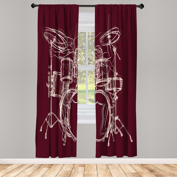 Ambesonne Rock Music Curtains, Sketchy Drummer Print, Pair of 28"x84", Pale Maroon