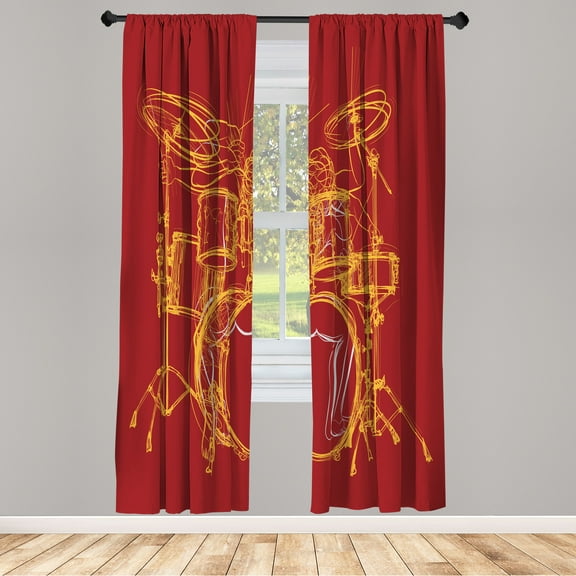 Ambesonne Rock Music Curtains, Sketchy Drummer Print, Pair of 28"x95", Red Mustard