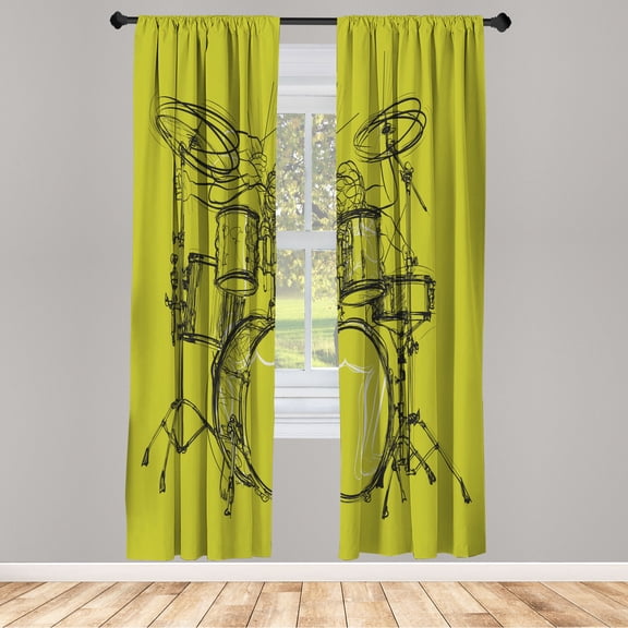 Ambesonne Rock Music Curtains, Sketchy Drummer Print, Pair of 28"x95", Yellow Green
