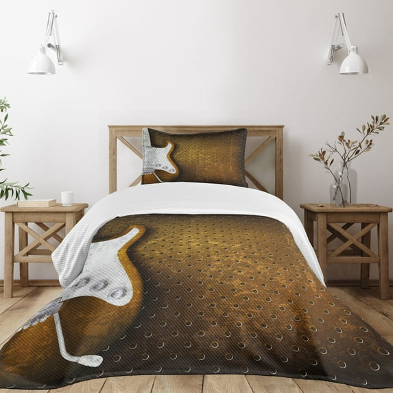 Ambesonne Rock Music Quilted Bedspread Set 2 Pcs, Grunge Dots Guitar, Twin Size, White Caramel