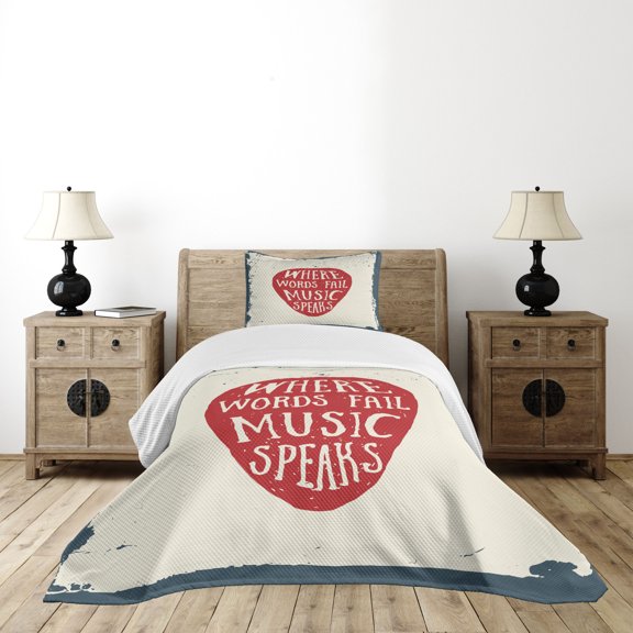 Ambesonne Rock Music Quilted Bedspread Set 2 Pcs, Musical Slogan Pick, Twin Size, Beige Red Slate Blue