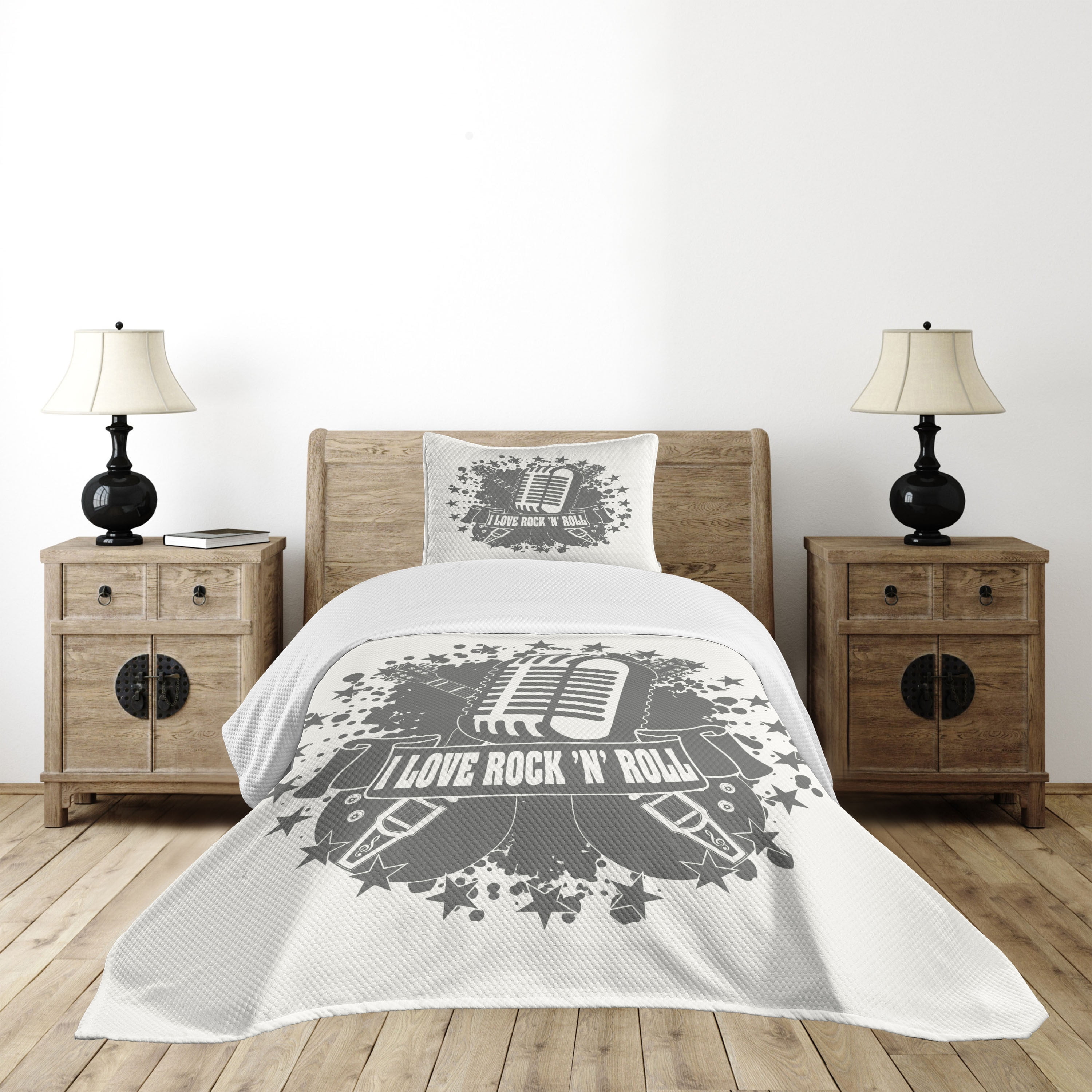 Gray Twin Rock Music Microphone Bedspread Set
