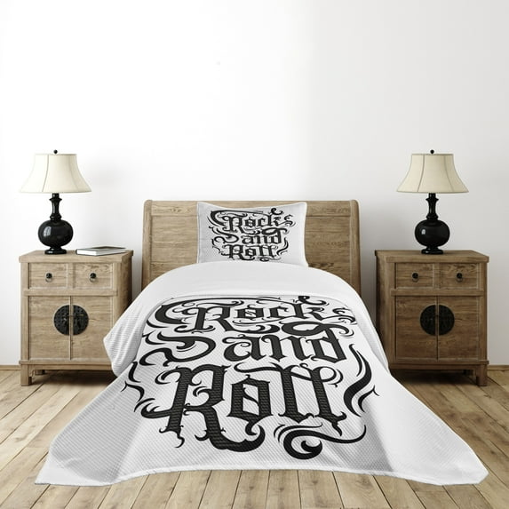Ambesonne Rock Music Quilted Bedspread Set 2 Pcs, Vintage Rock 'n' Roll, Twin Size, Black Dimgrey