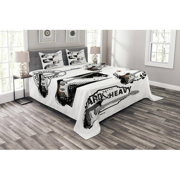 Ambesonne Rock Music Quilted Bedspread Set 3 Pcs, Electric Guitars, King Size, Multicolor