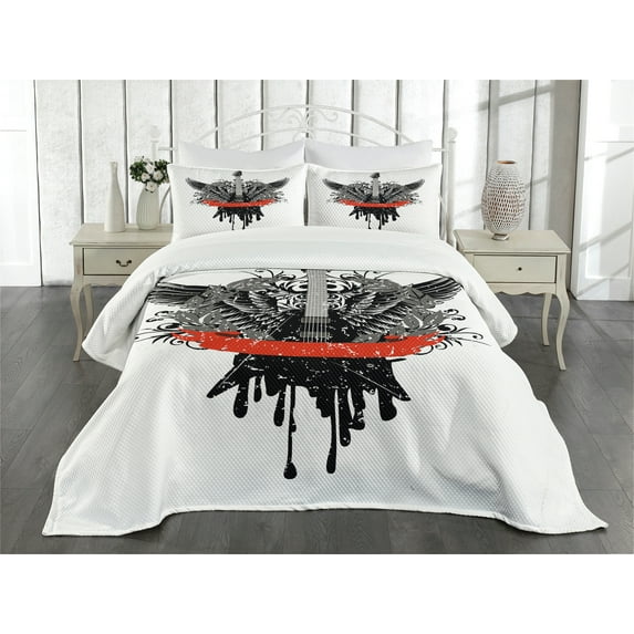 Ambesonne Rock Music Quilted Bedspread Set 3 Pcs, Gothic Guitar Wings, King Size, Scarlet Black