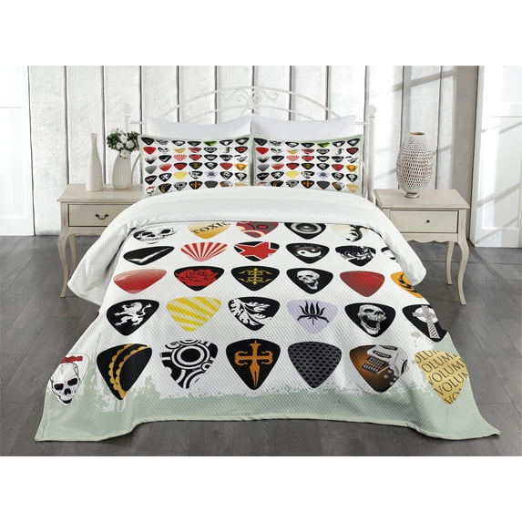 Ambesonne Rock Music Quilted Bedspread Set 3 Pcs, Guitar Picks Set, King Size, Multicolor