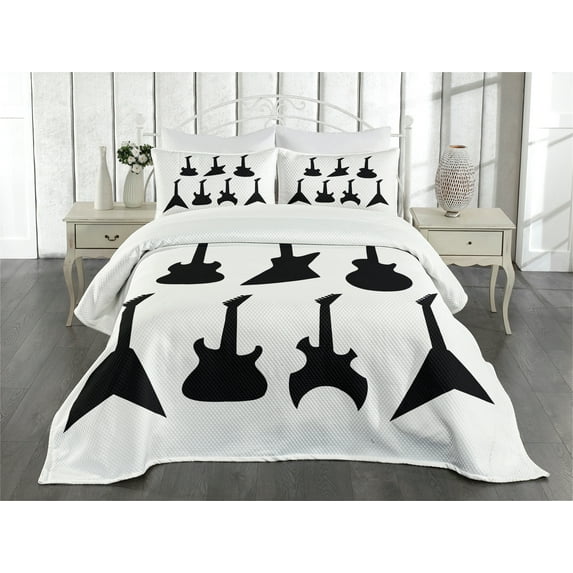 Ambesonne Rock Music Quilted Bedspread Set 3 Pcs, Guitar Silhouettes, Queen Size, Black White