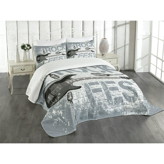 Ambesonne Rock Music Quilted Bedspread Set 3 Pcs, Guitar on Brick Wall, King Size, Blue Grey Black