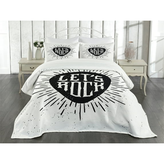 Ambesonne Rock Music Quilted Bedspread Set 3 Pcs, Lets Rock Words, Queen Size, Black White