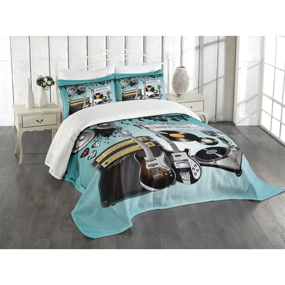 Ambesonne Rock Music Quilted Bedspread Set 3 Pcs, Records Speakers, King Size, Multicolor