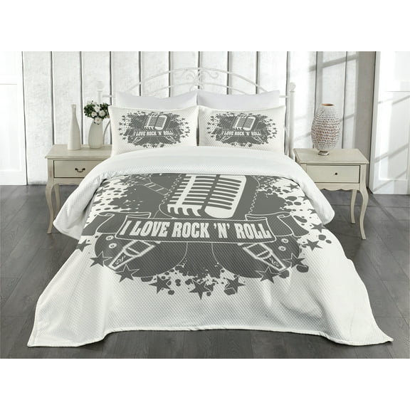 Ambesonne Rock Music Quilted Bedspread Set 3 Pcs, Retro Microphone, King Size, Grey White