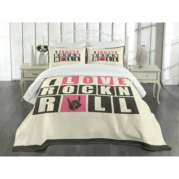 Ambesonne Rock Music Quilted Bedspread Set 3 Pcs, Retro Slogan Grunge, Queen Size, Charcoal Grey Beige Pink