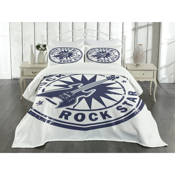 Ambesonne Rock Music Quilted Bedspread Set 3 Pcs, Vintage Sun Stamp, King Size, Cobalt Blue