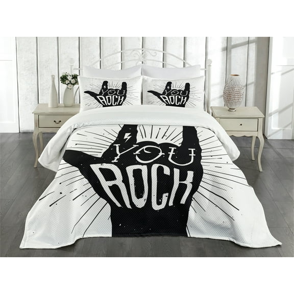 Ambesonne Rock Music Quilted Bedspread Set 3 Pcs, You Rock Words Art, King Size, Black White