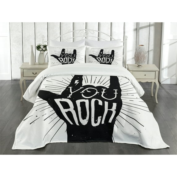 Ambesonne Rock Music Quilted Bedspread Set 3 Pcs, You Rock Words Art, Queen Size, Black White