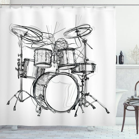 Ambesonne Rock Music Shower Curtain, Drummer Doodle Art, 69"Wx84"L, White and Black