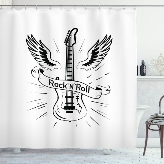 Ambesonne Rock N Roll Shower Curtain, Monochrome Guitar Wings, 69"Wx70"L, Charcoal Grey White