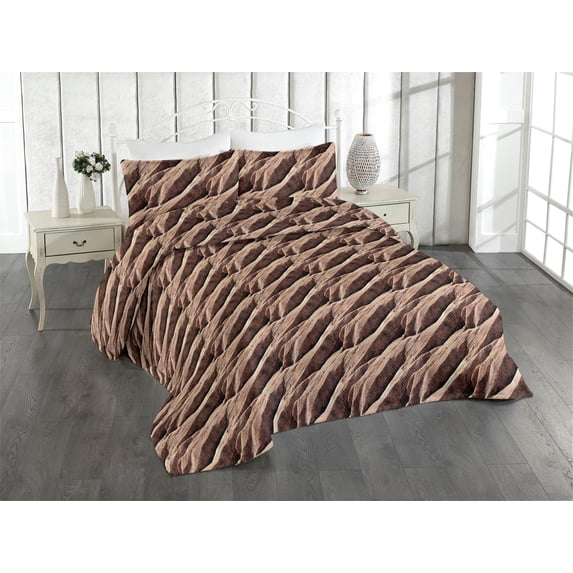Ambesonne Rock Pattern Quilted Bedspread Set 3 Pcs, Natural Stone Print, Twin, Umber Warm Taupe