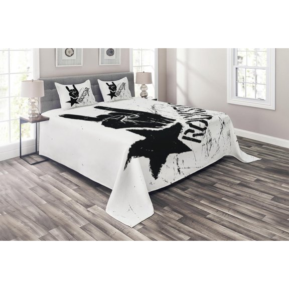 Ambesonne Rock Quilted Coverlet 3 Pcs, Grunge Effect Hand Star, King Size, Pale Grey and Black