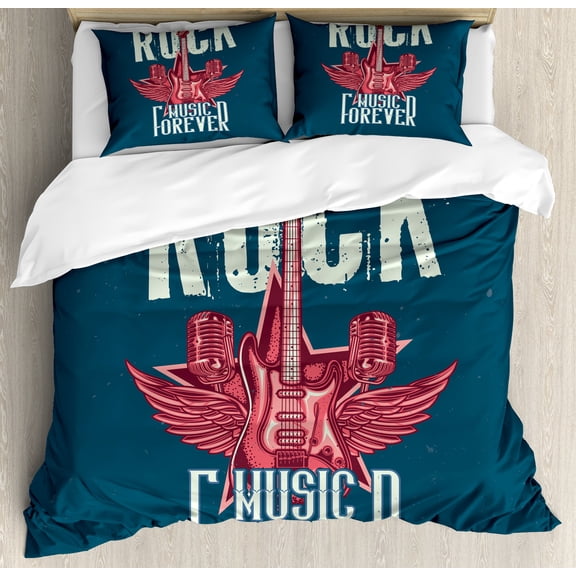 Ambesonne Rock and Roll Duvet Cover Sets, Microphones and Wings, 2-Queen, Teal Dark Coral