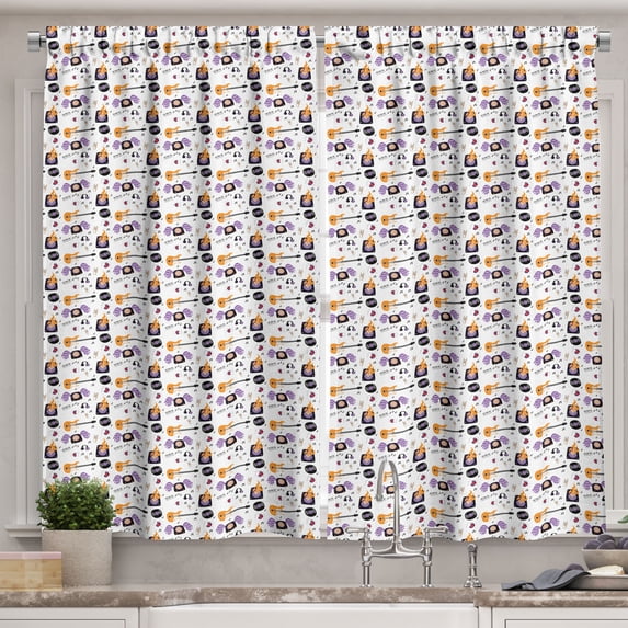 Ambesonne Rock and Roll Kitchen Curtains, Repeating Music, 55"x39", Orange Violet