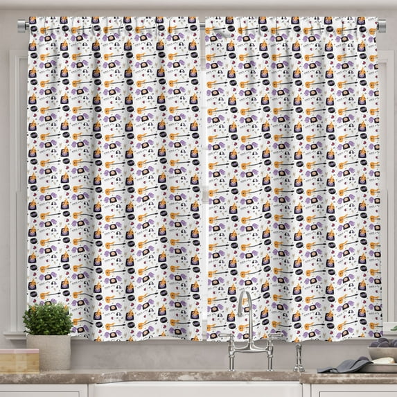 Ambesonne Rock and Roll Kitchen Curtains, Repeating Music, 55"x45", Orange Violet
