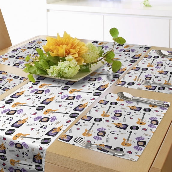 Ambesonne Rock and Roll Table Runner & Placemats, Repeating Music, Placemat 4 pcs + Runner 14"x72", Orange Violet