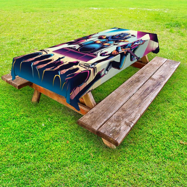 Ambesonne Rocker Animals Outdoor Tablecloth, Gorilla Cat Bear Fun, 58"x120", Fuchsia Blue Peach