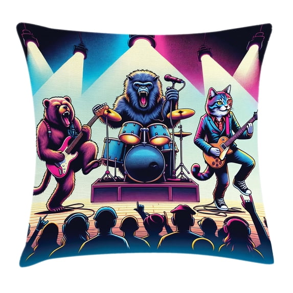 Ambesonne Rocker Animals Throw Pillow Cushion Cover, Gorilla Cat Bear Fun, 18" X 18", Fuchsia Blue Peach