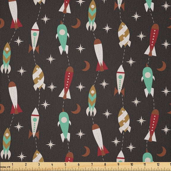 Ambesonne Rockets Fabric by the Yard Microfiber, Space Science Tech Machines, 2 Yards, Ruby Sea Green