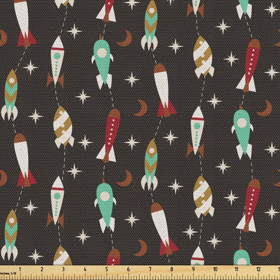 Ambesonne Rockets Fabric by the Yard Upholstery, Space Science Tech Machines, 2 Yards, Ruby Sea Green