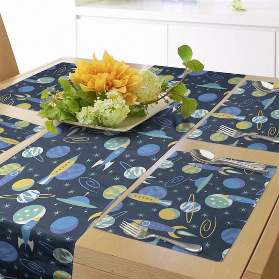 Ambesonne Rockets Table Runner & Placemats, Cartoon Galaxy Spaceship, Placemat 4 pcs + Runner 14"x90", Mustard Deep Sky Blue