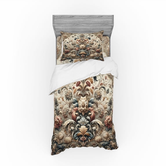 Ambesonne Rococo Bedding Set 3 Pcs, Palatial Flowers Posh Ethnic, TwinXL, Tan Dark Blue and Pale Ruby