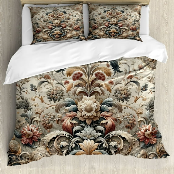 Ambesonne Rococo Duvet Cover Set, Palatial Flowers Posh Ethnic, Calking, Tan Dark Blue and Pale Ruby