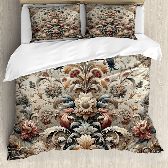 Ambesonne Rococo Duvet Cover Set, Palatial Flowers Posh Ethnic, King, Tan Dark Blue and Pale Ruby