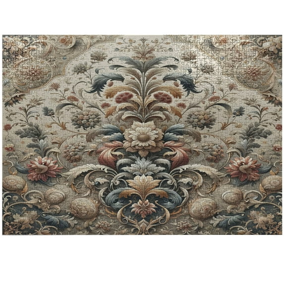 Ambesonne Rococo Jigsaw Puzzle, Palatial Flowers Posh Ethnic, Heirloom-Quality Fun Activity for Family Durable Cardboard, 1000 pcs, Tan Dark Blue and Pale Ruby